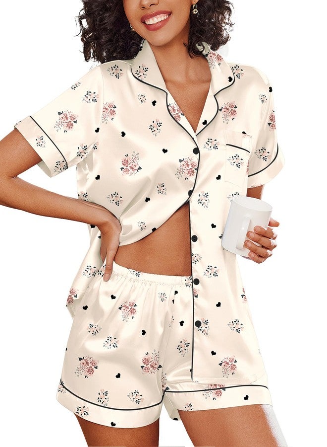 Ekouaer Women's Silk Satin Pajama Set Short Sleeve Pjs Shorts Set Comfy Button Down 2 Piece Sleepwear Loungewear,Champagne Floral,L - Image 1